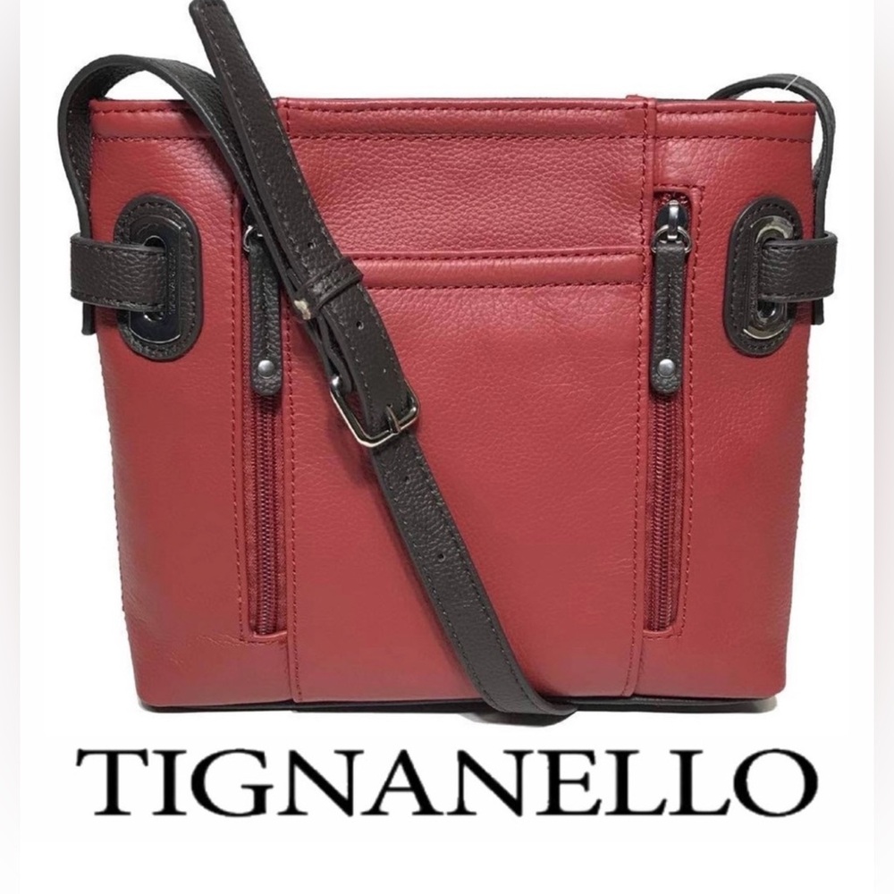 Tignanello Perfect Pockets Leather Crossbody Bag in a rouge and brown NWOT